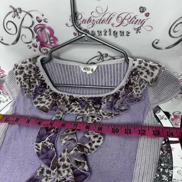Arte shirt purple cheetah print beaded embroidery ruffle frills stretchy y2k - Picture 7 of 12